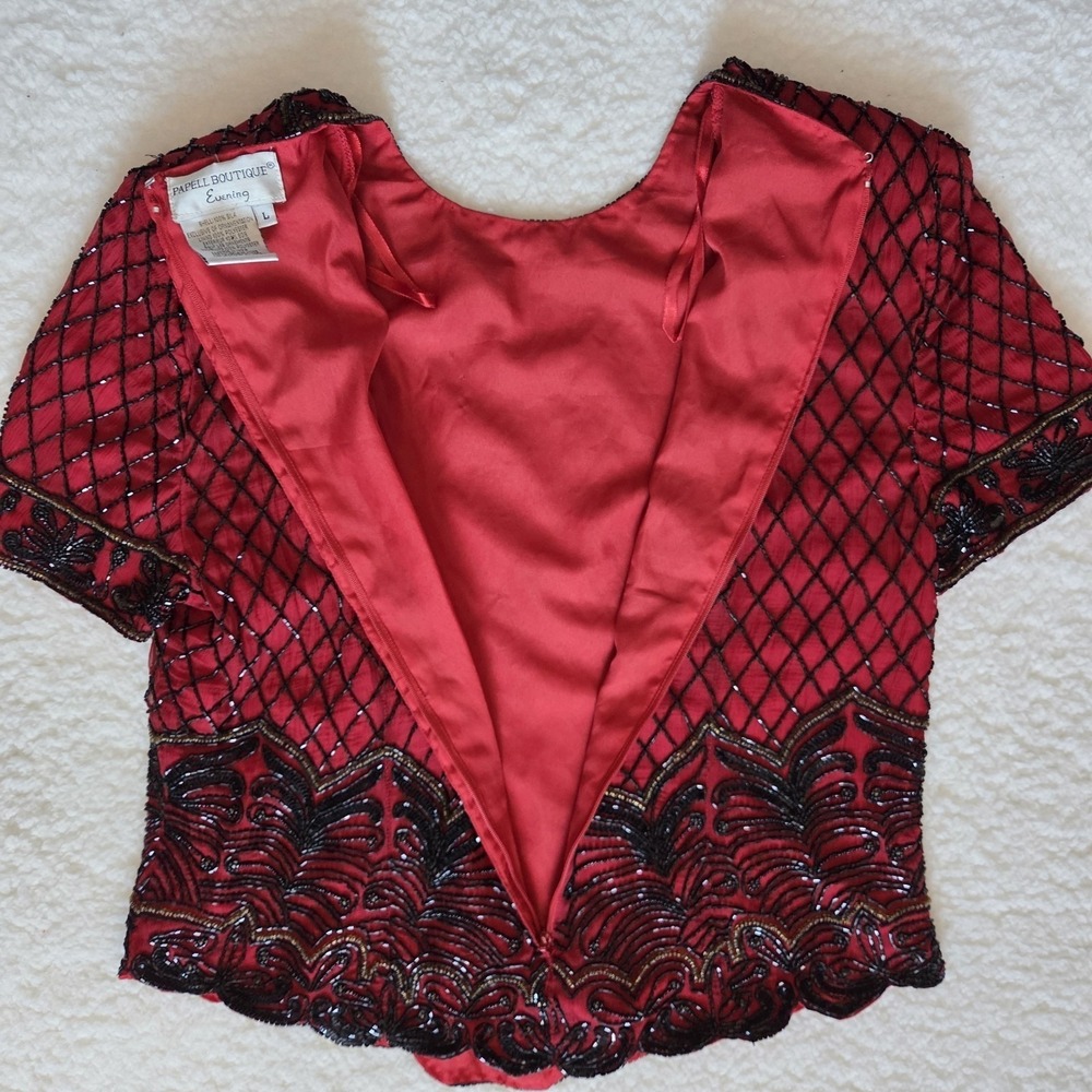 PAPELL BOUTIQUE EVENING BEADED BLOUSE WOMEN'S L 100% SILK VINTAGE RED FLORAL - Picture 4 of 7